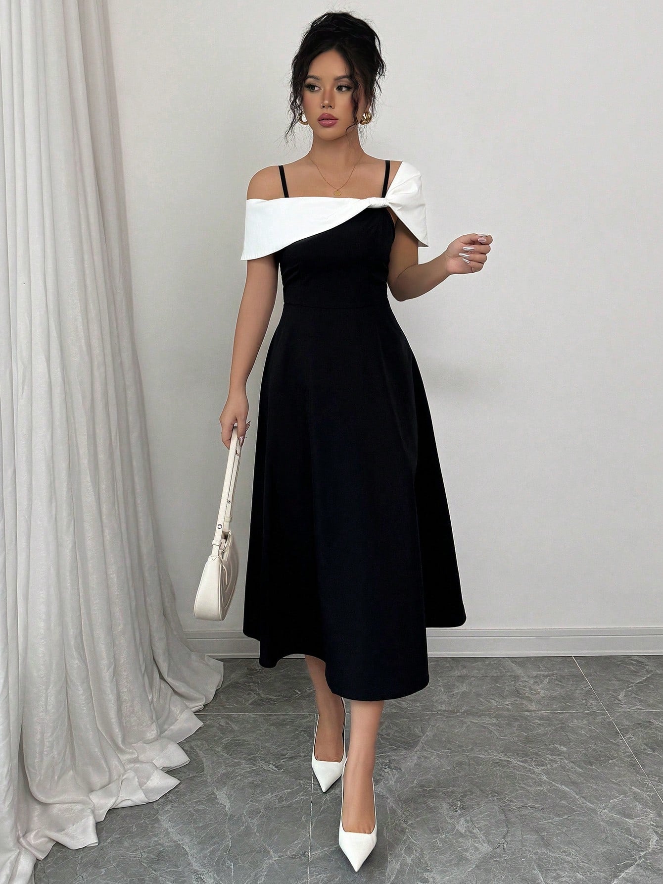 Elenzga Vestido Assimétrico de Colarinho Elegante com Splice de Cor Contrastante para Mulheres