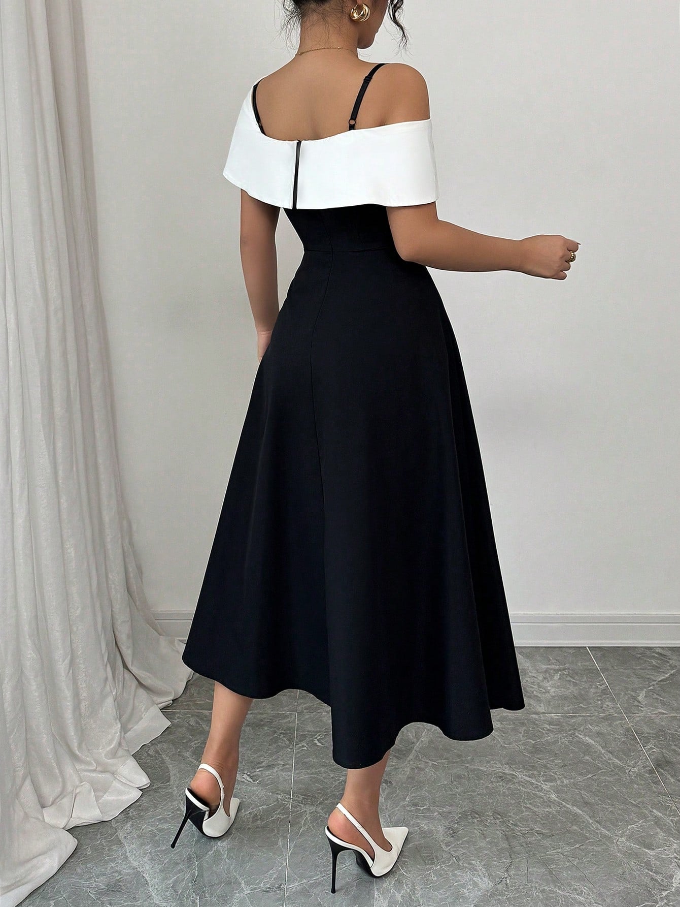 Elenzga Vestido Assimétrico de Colarinho Elegante com Splice de Cor Contrastante para Mulheres