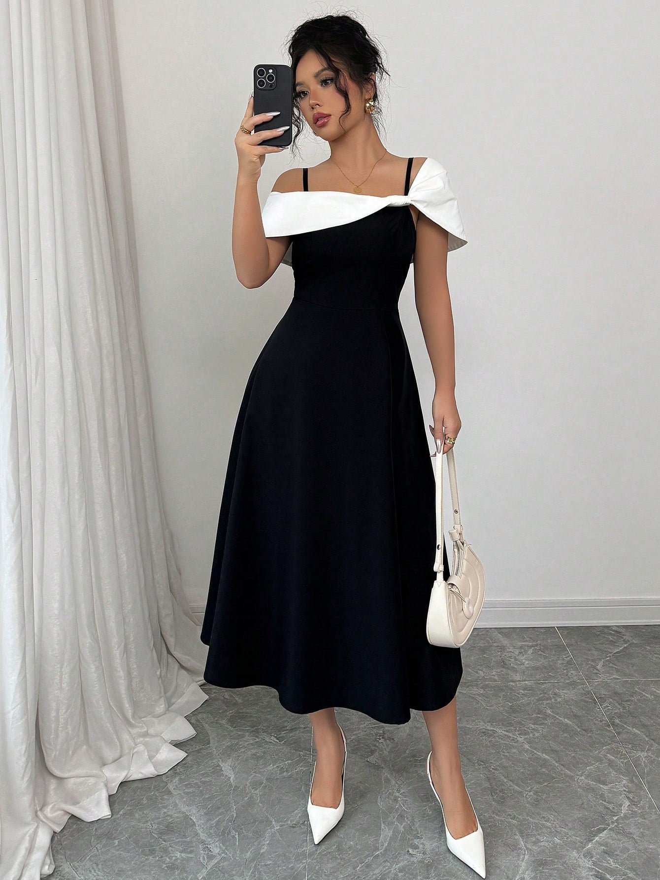 Elenzga Vestido Assimétrico de Colarinho Elegante com Splice de Cor Contrastante para Mulheres