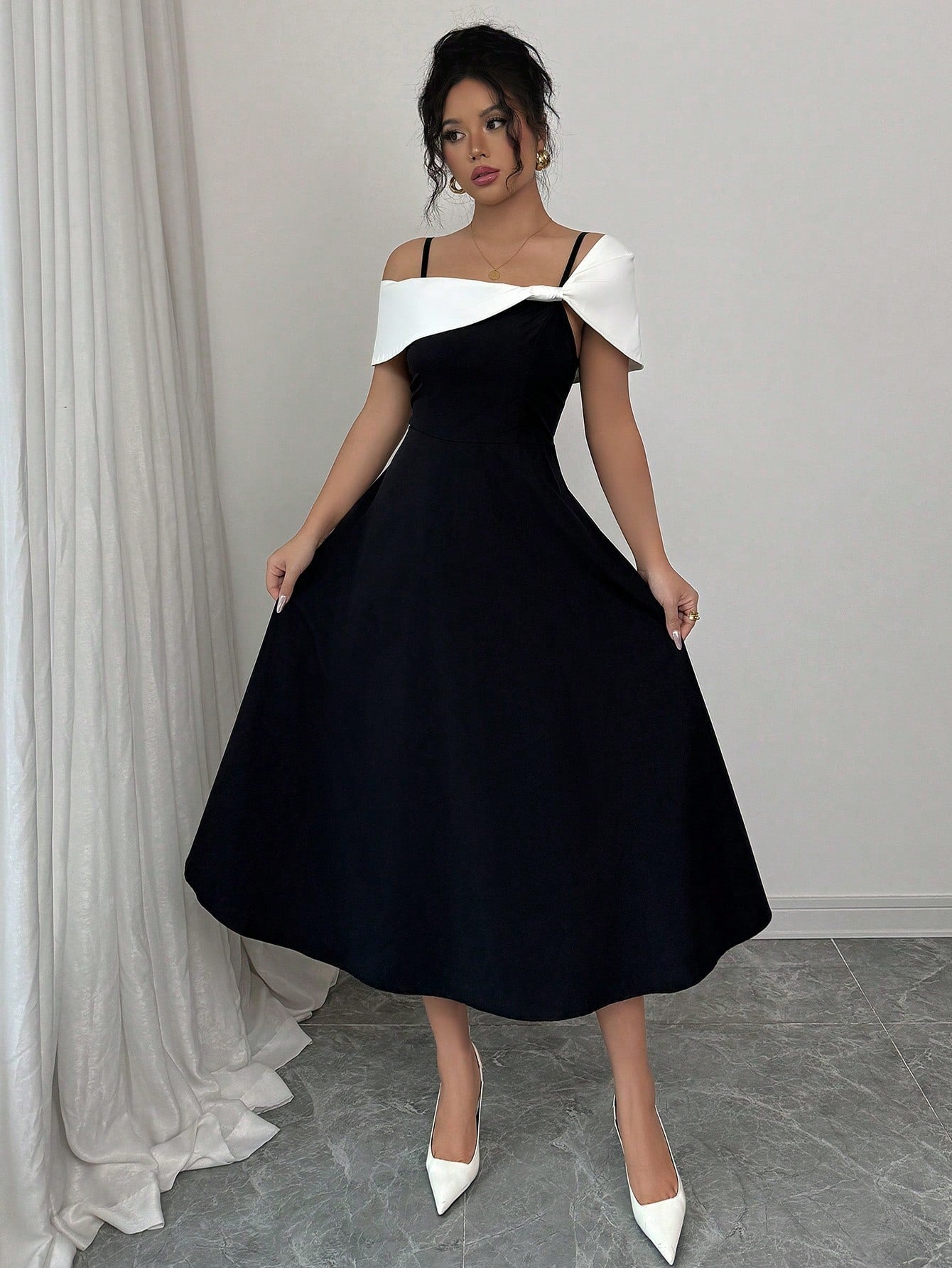 Elenzga Vestido Assimétrico de Colarinho Elegante com Splice de Cor Contrastante para Mulheres