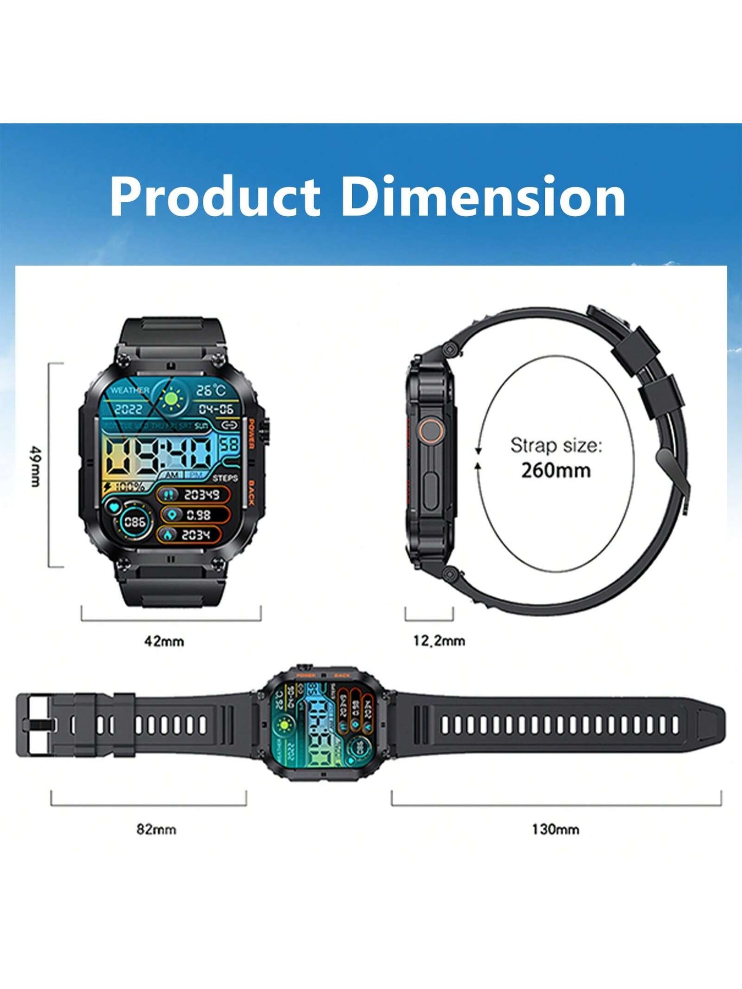 EIGIIS 1 Peça Smartwatch Multifuncional, Relógio Inteligente de Tela Cheia de 1,96 Polegadas para Homens, Capacidade de Bateria Maior de 360mAh, Mais de 80 Modos Esportivos, Fazer Chamadas, Lembrete de Mensagens de Terceiros, Lembrete de Sedentarismo, Com