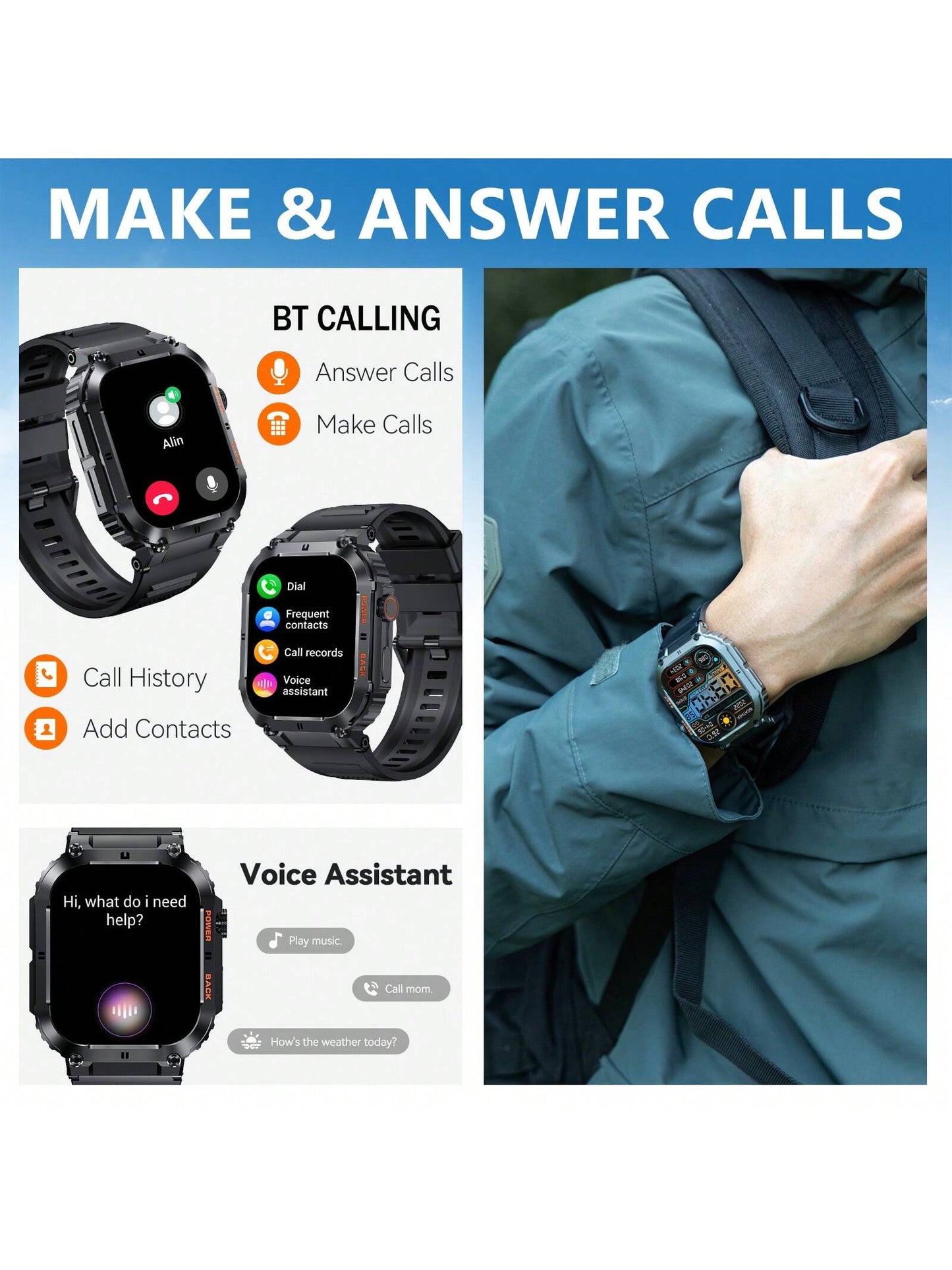 EIGIIS 1 Peça Smartwatch Multifuncional, Relógio Inteligente de Tela Cheia de 1,96 Polegadas para Homens, Capacidade de Bateria Maior de 360mAh, Mais de 80 Modos Esportivos, Fazer Chamadas, Lembrete de Mensagens de Terceiros, Lembrete de Sedentarismo, Com