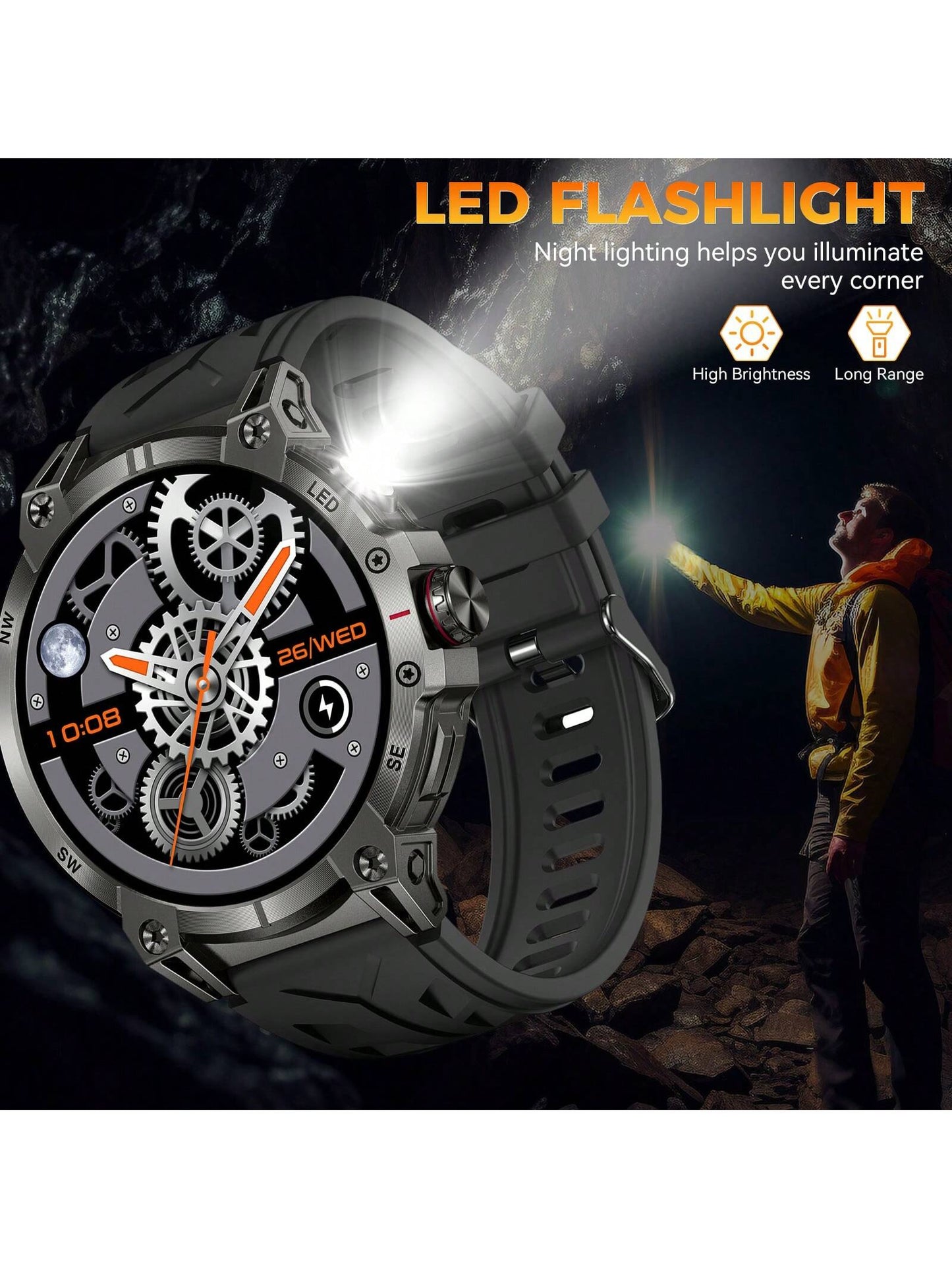 EIGIIS Smartwatch para Homens (Atender/Discar Chamadas) com Lanterna LED, Bateria 760mAh, Mais de 100 Modos Esportivos, Rastreamento de Frequência Cardíaca e Sono, Relógio Rastreador de Fitness 1,85" HD, Smartwatches Táticos para iOS e Android