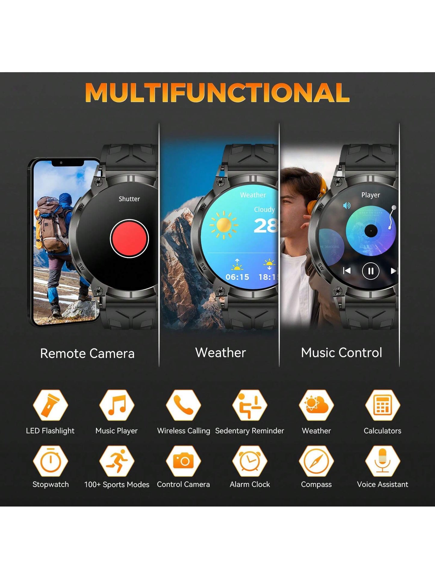 EIGIIS Smartwatch para Homens (Atender/Discar Chamadas) com Lanterna LED, Bateria 760mAh, Mais de 100 Modos Esportivos, Rastreamento de Frequência Cardíaca e Sono, Relógio Rastreador de Fitness 1,85" HD, Smartwatches Táticos para iOS e Android