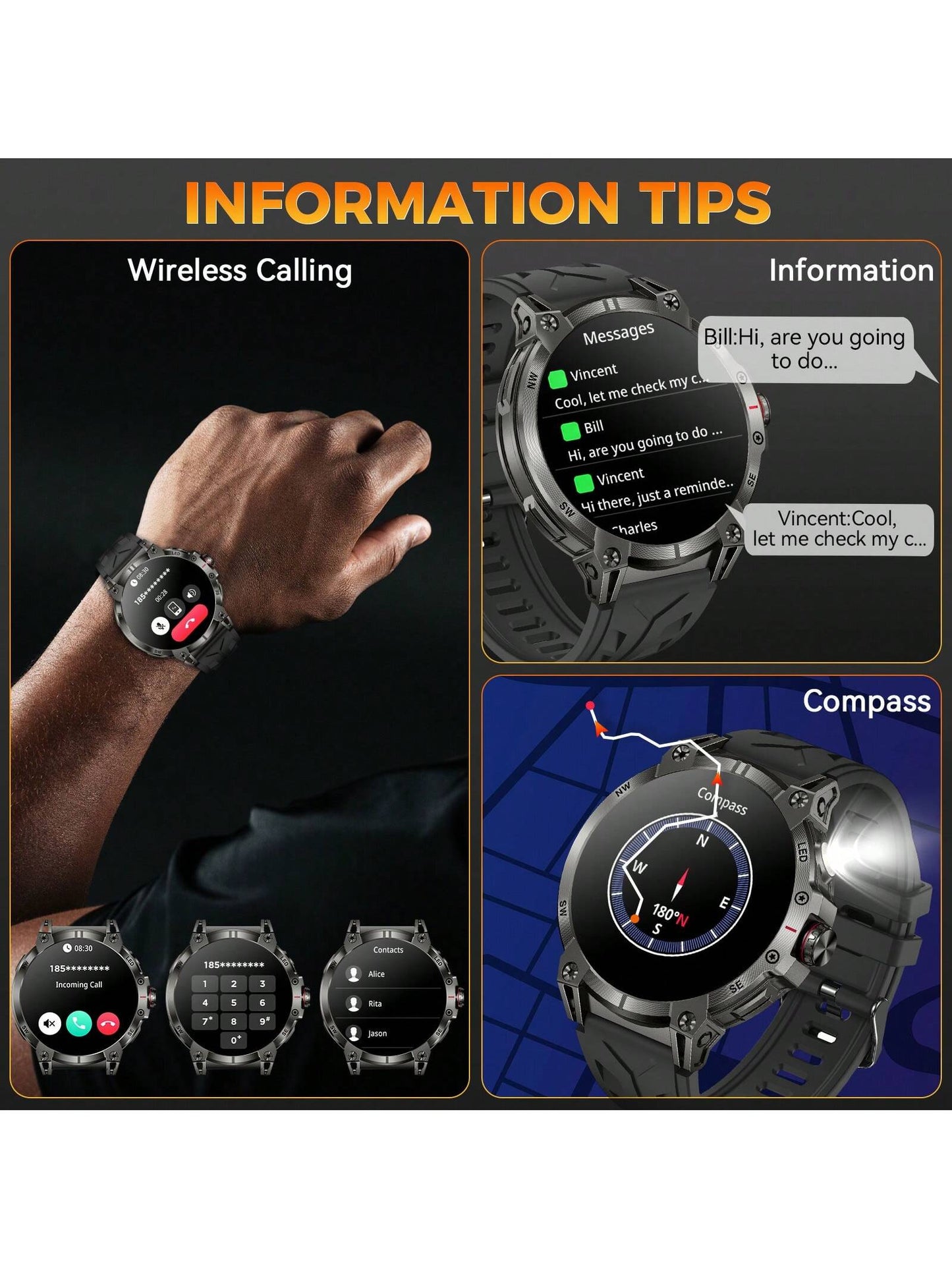 EIGIIS Smartwatch para Homens (Atender/Discar Chamadas) com Lanterna LED, Bateria 760mAh, Mais de 100 Modos Esportivos, Rastreamento de Frequência Cardíaca e Sono, Relógio Rastreador de Fitness 1,85" HD, Smartwatches Táticos para iOS e Android