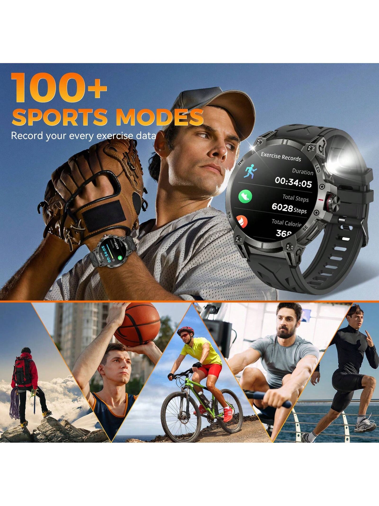 EIGIIS Smartwatch para Homens (Atender/Discar Chamadas) com Lanterna LED, Bateria 760mAh, Mais de 100 Modos Esportivos, Rastreamento de Frequência Cardíaca e Sono, Relógio Rastreador de Fitness 1,85" HD, Smartwatches Táticos para iOS e Android