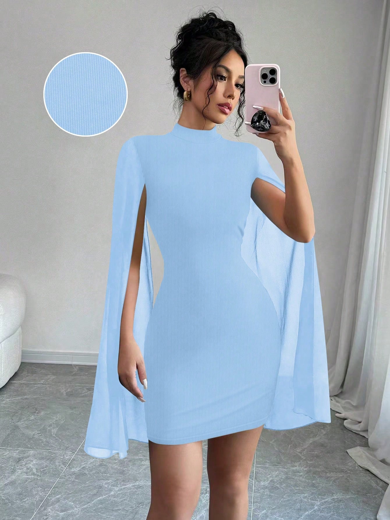 Elenzga Mini Vestido com Capa Ombro a Ombro, Gola Estruturada, Cor Sólida