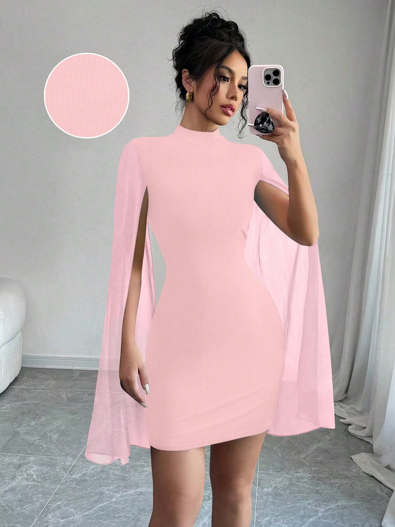 Elenzga Mini Vestido com Capa Ombro a Ombro, Gola Estruturada, Cor Sólida