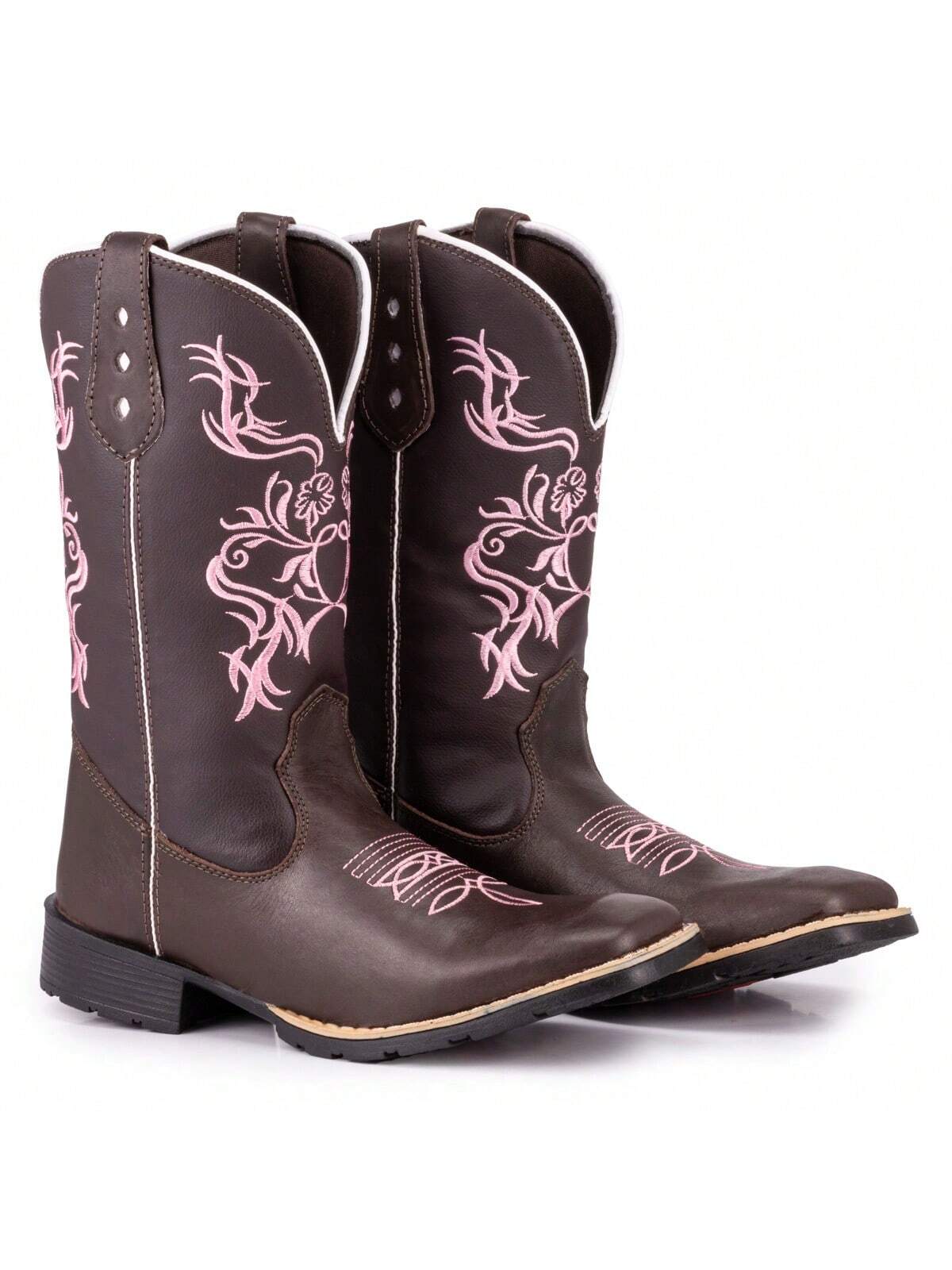 Bota Texana Country Feminina Bico Quadrado Solado Costurado Bordado Rosa