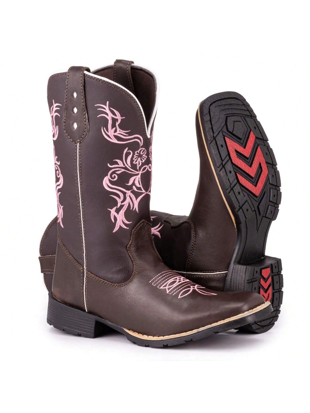 Bota Texana Country Feminina Bico Quadrado Solado Costurado Bordado Rosa