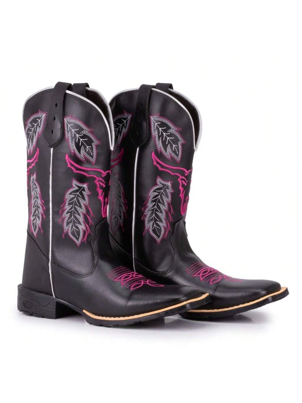 Bota Texana Feminina Country Bico Quadrado Bordado Cara De Boi Black e Pink