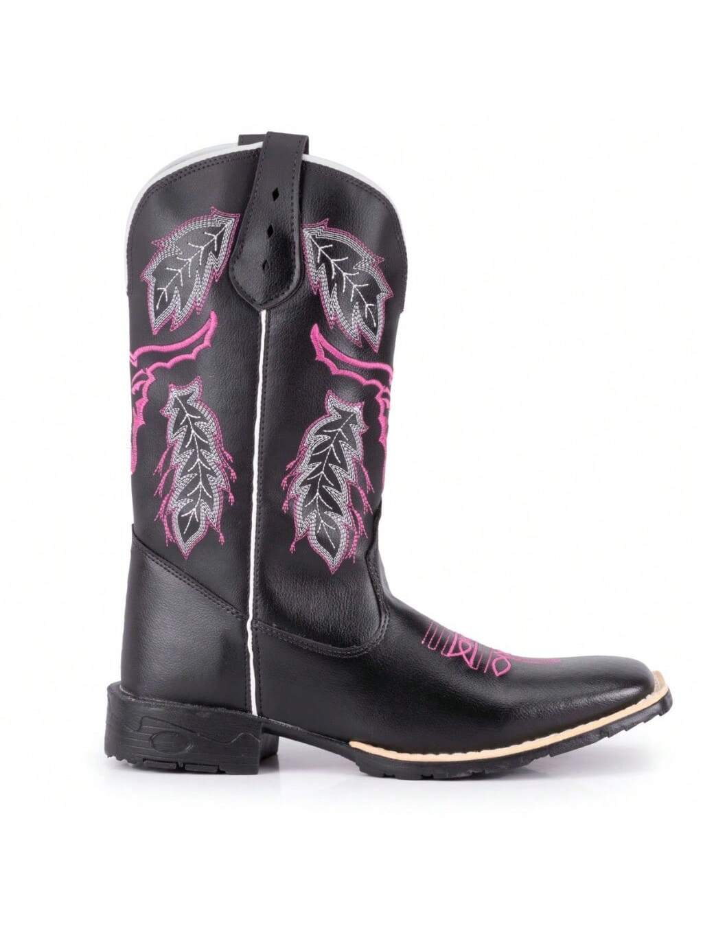 Bota Texana Feminina Country Bico Quadrado Bordado Cara De Boi Black e Pink