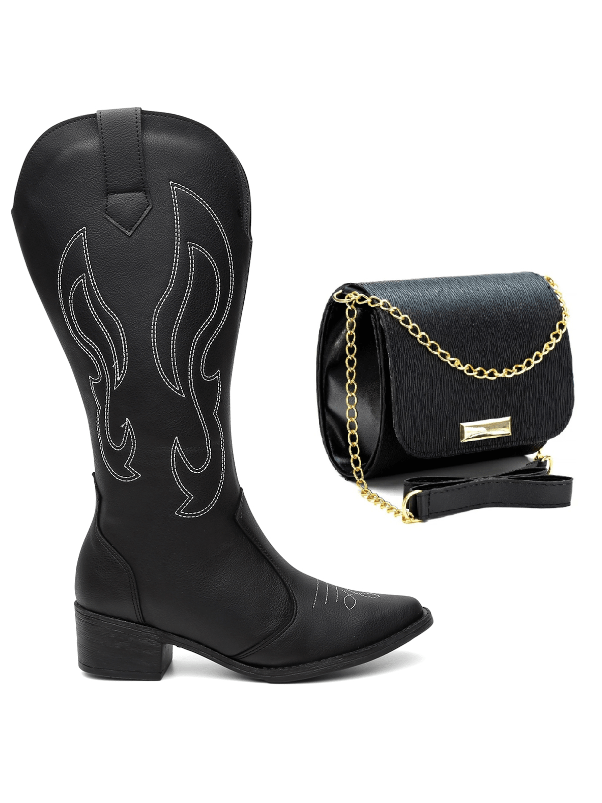 Kit Bota Feminina Western Texana Bordado Cano Alto + Bolsa Transversal Chic