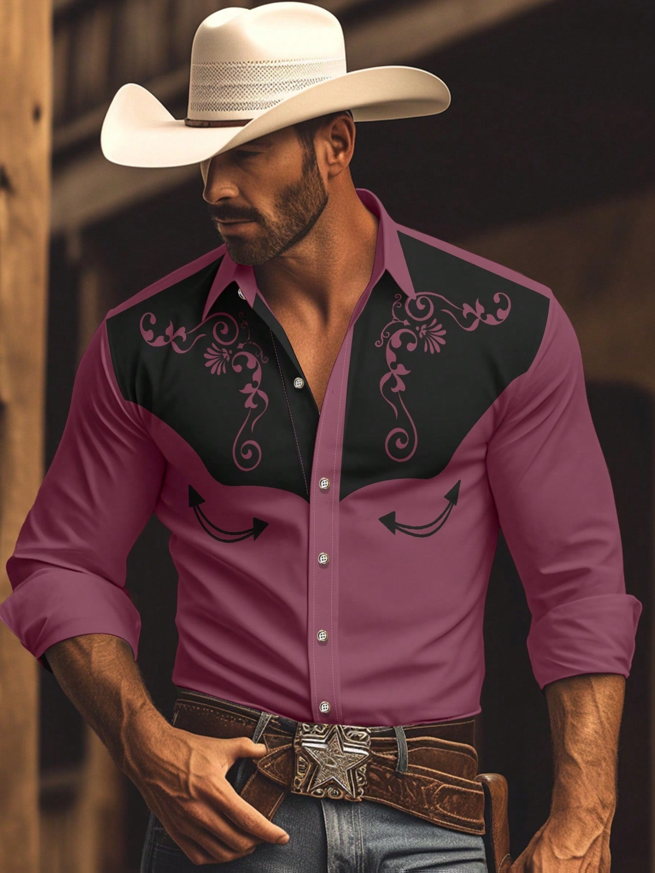 Manfinity RSRT Camisa casual de estilo country masculina de manga longa com botão único e estampa de planta rodeo