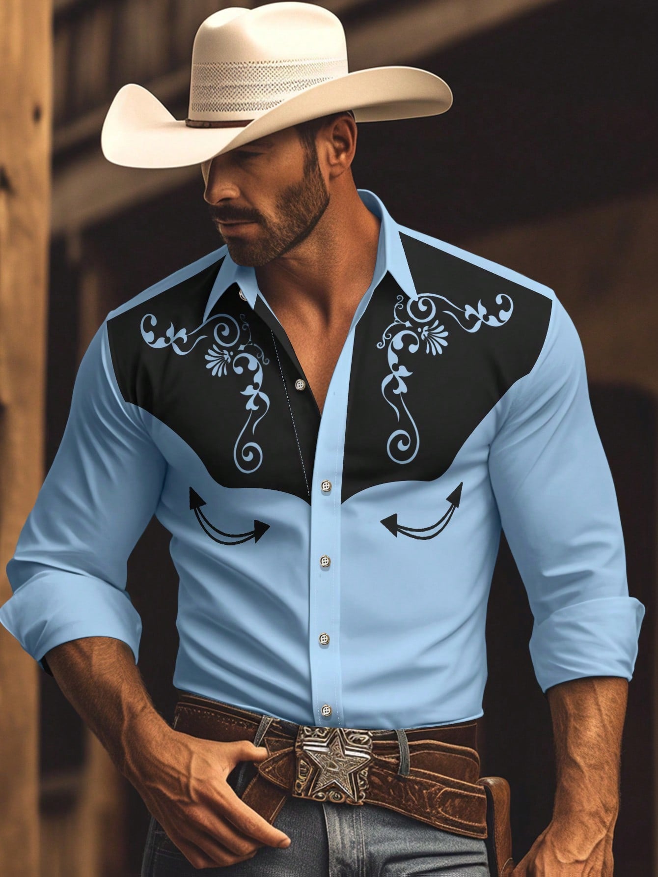Manfinity RSRT Camisa casual de estilo country masculina de manga longa com botão único e estampa de planta rodeo