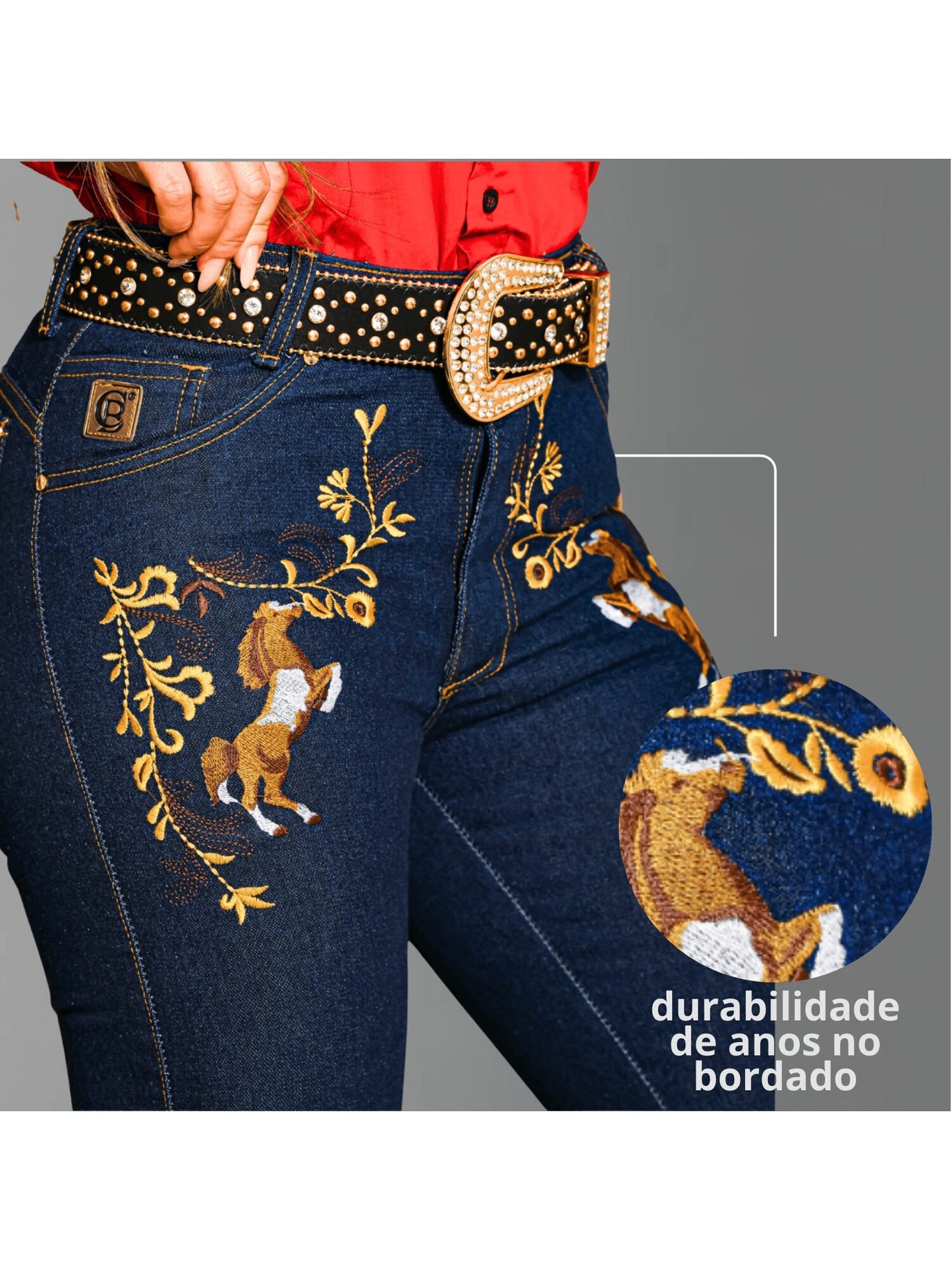 Calça Country Feminina Cavalo Cavalgada Bordada Colorida Couro