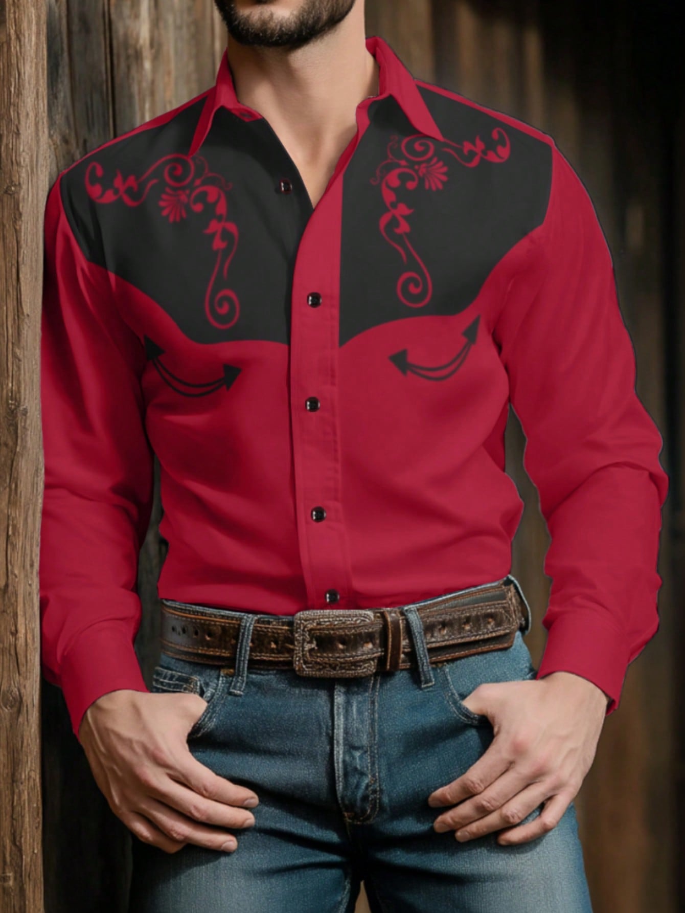 Manfinity RSRT Camisa casual de estilo country masculina de manga longa com botão único e estampa de planta rodeo