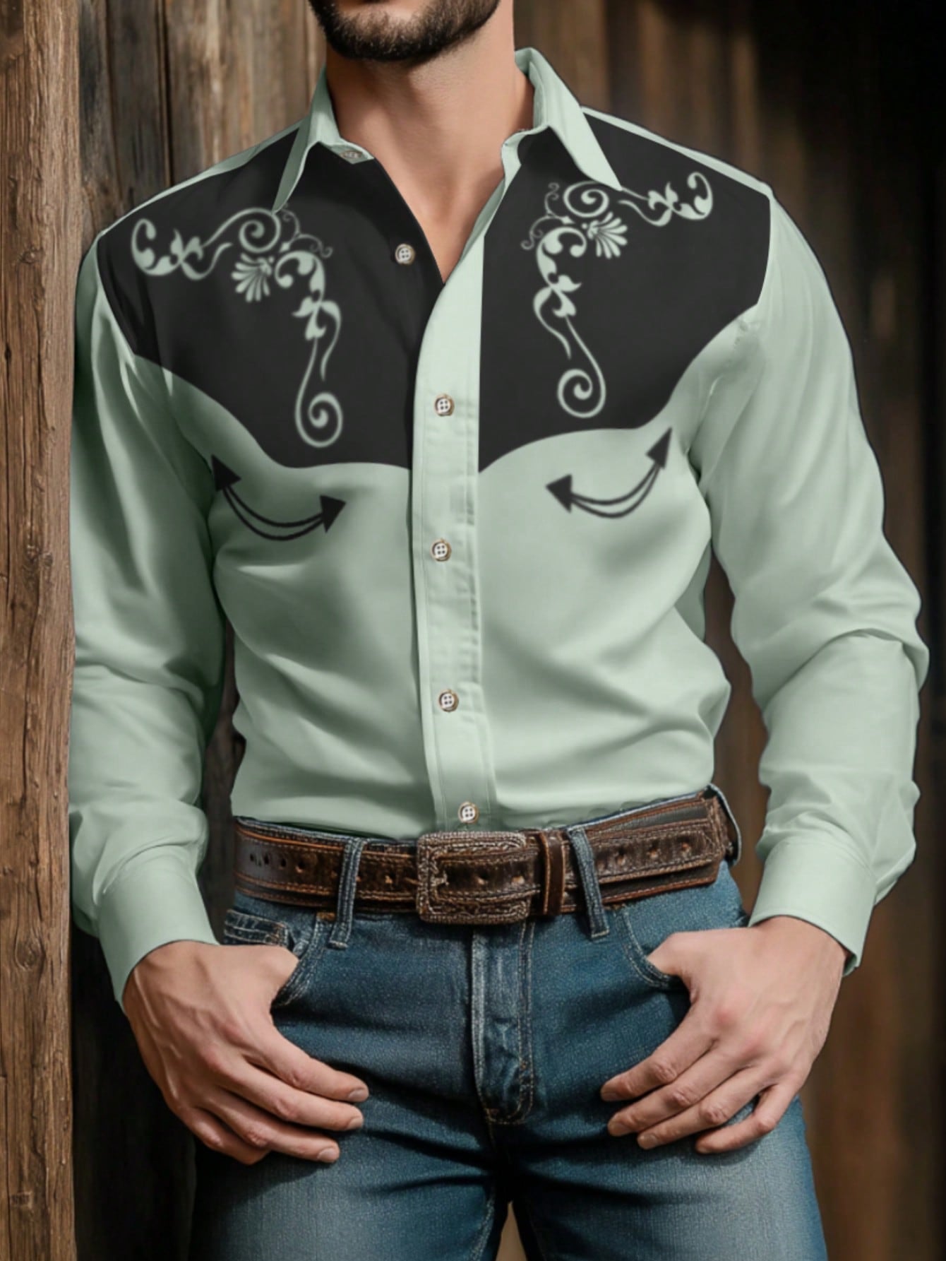 Manfinity RSRT Camisa casual de estilo country masculina de manga longa com botão único e estampa de planta rodeo