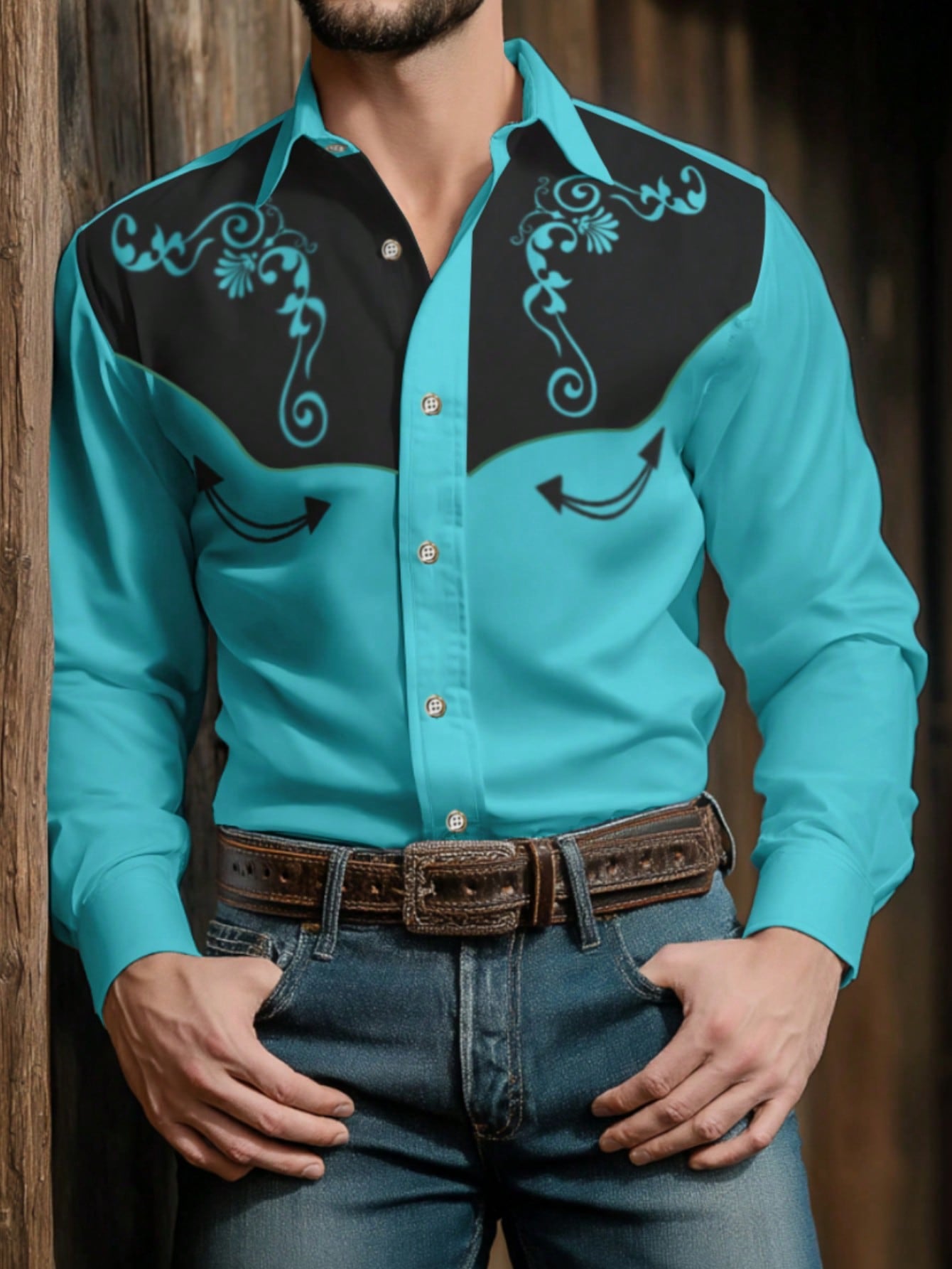 Manfinity RSRT Camisa casual de estilo country masculina de manga longa com botão único e estampa de planta rodeo