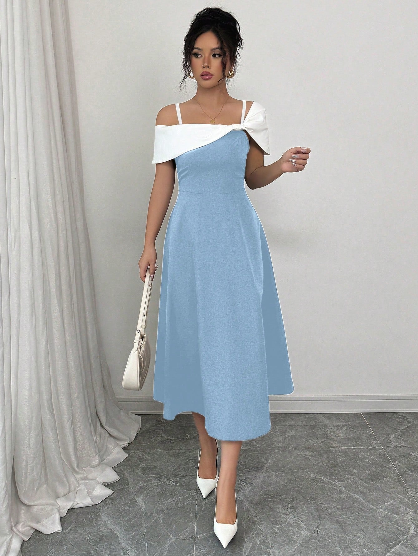 Elenzga Vestido Assimétrico de Colarinho Elegante com Splice de Cor Contrastante para Mulheres