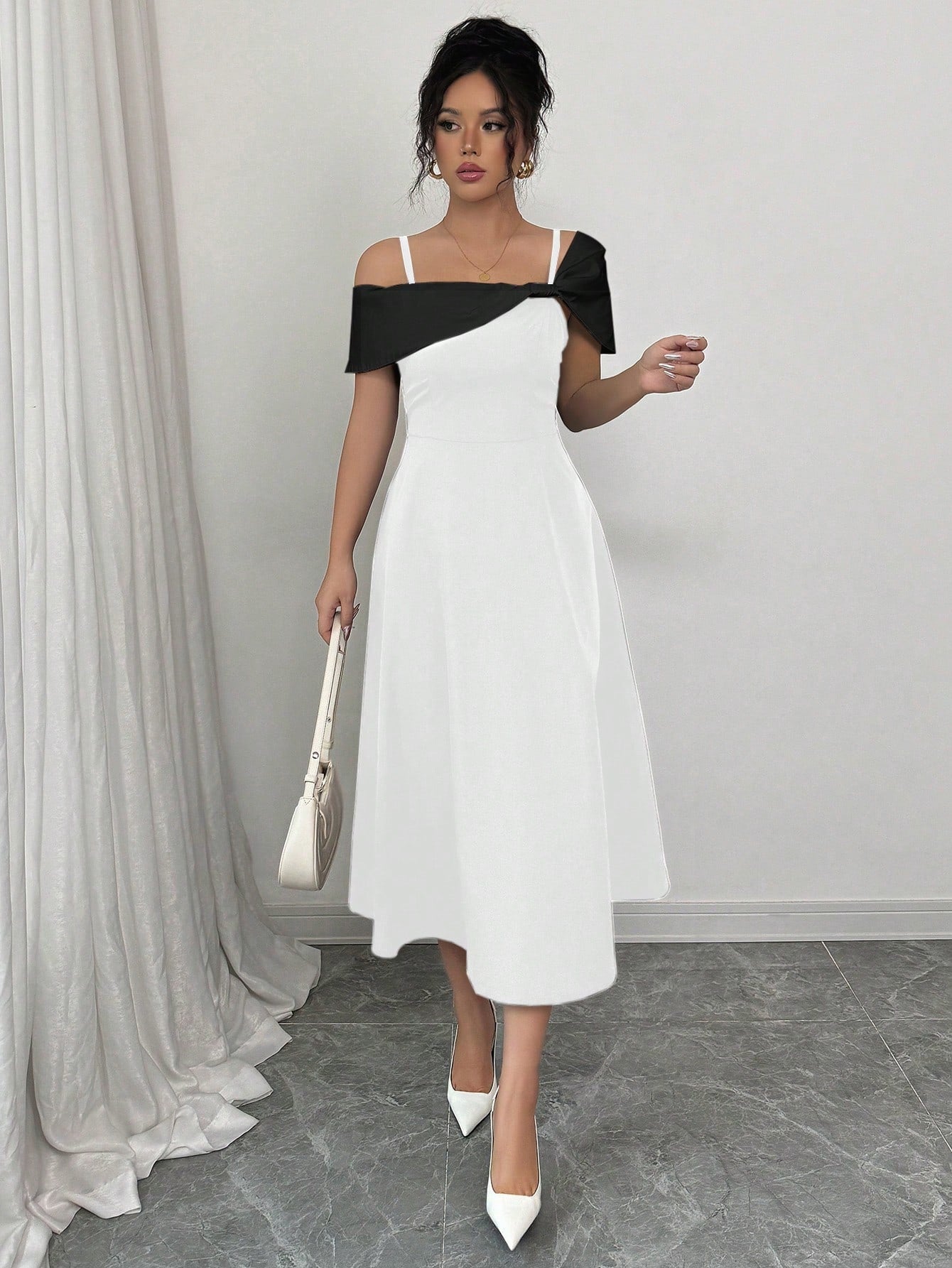 Elenzga Vestido Assimétrico de Colarinho Elegante com Splice de Cor Contrastante para Mulheres