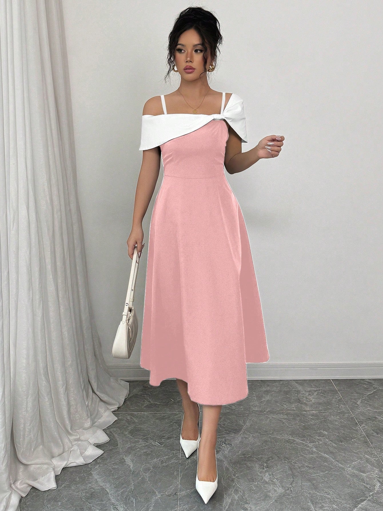 Elenzga Vestido Assimétrico de Colarinho Elegante com Splice de Cor Contrastante para Mulheres
