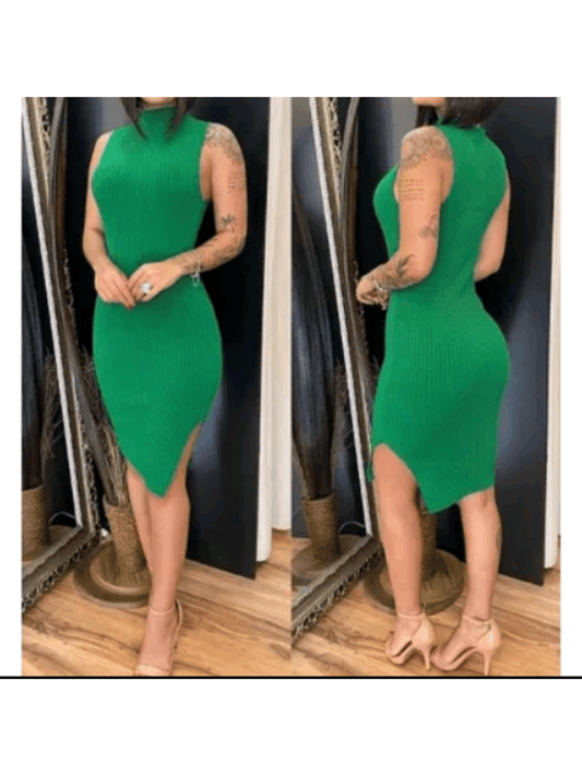 Vestido Midi Fenda Lateral Malha canelada