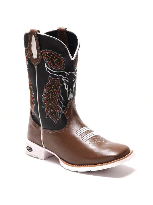 Bota Texana Masculina Sola Branca Country Bico Quadrado Cano Bordado Touro Texas Montaria Rodeio Pecuaria