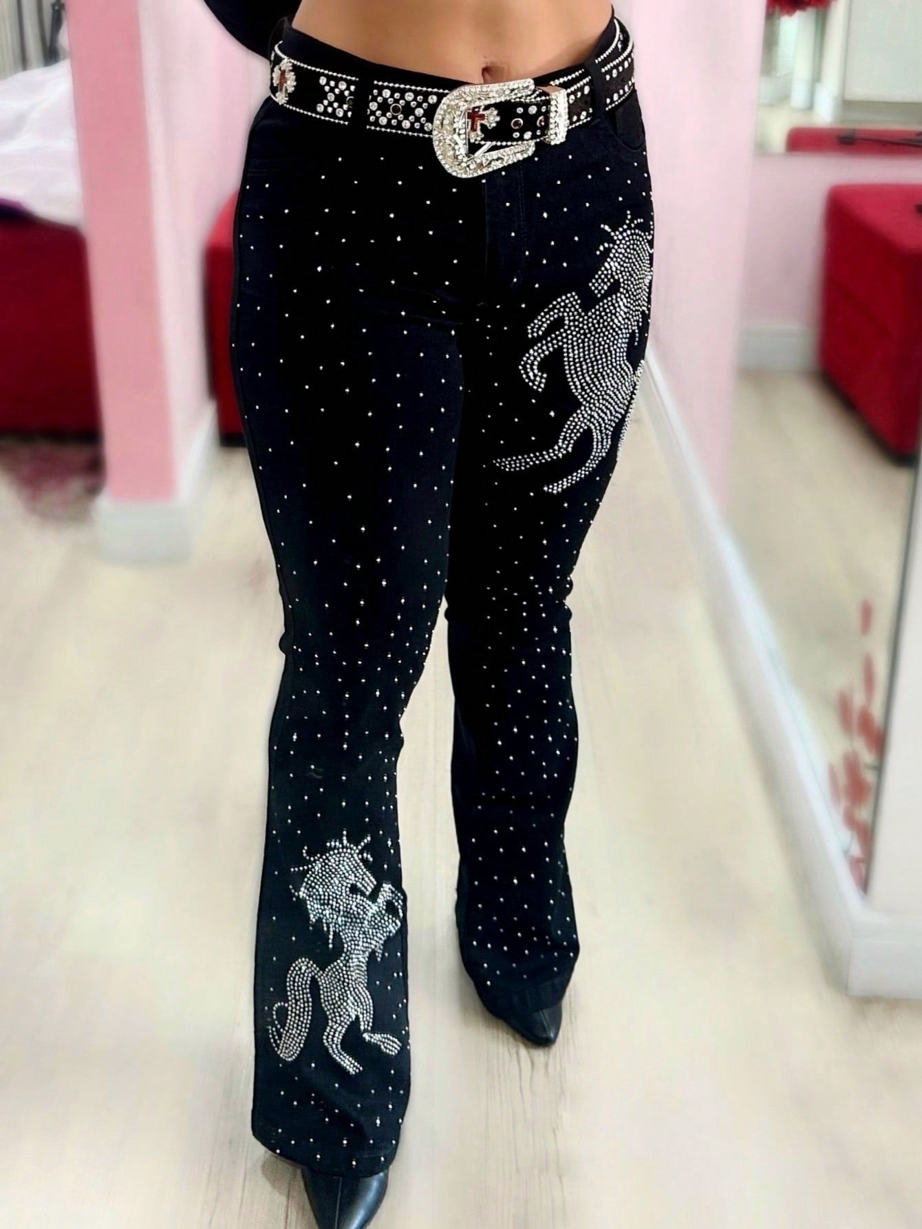 Calça Flare Jeans Luxo Feminina Country Rodeio Cavalaria Cintura Alta com Brilhos Linha Premium