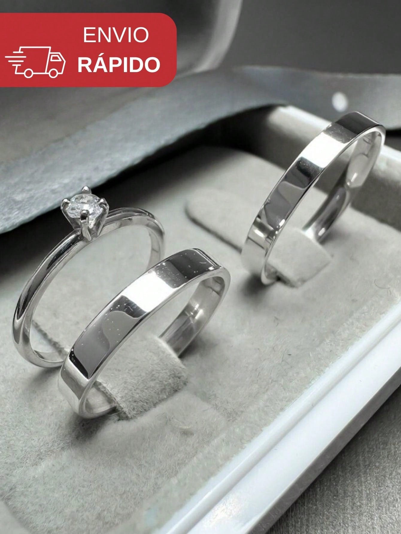 Aliança De Namoro Prata 4mm Reta Lisa + Solitário 925 Zircônia Par de Alianças Compromisso Noivado Tungstênio Fininha Aço Inoxidável 316L
