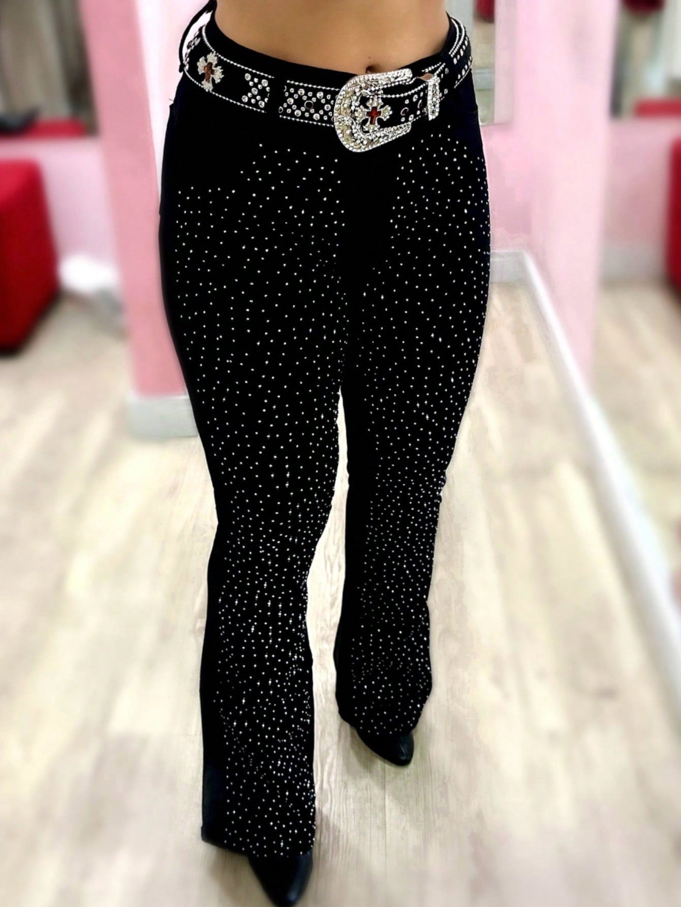 Calça Flare Jeans Luxo Feminina Country Rodeio Pedrarias Cintura Alta com Brilhos Linha Premium