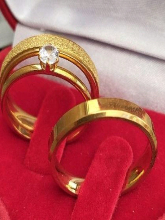 Par de Alianças Casamento Noivado  4mm Chanfrada Diamantada e Lisa  + Anel Solitário COD-45 E 05