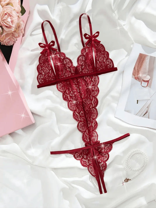Body feminino Sutiã e calcinha com abertura e laço sensual