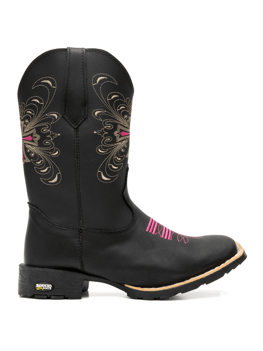 Botina Texana Rustica Bordado Feminino Bico Quadrado Cruz BK