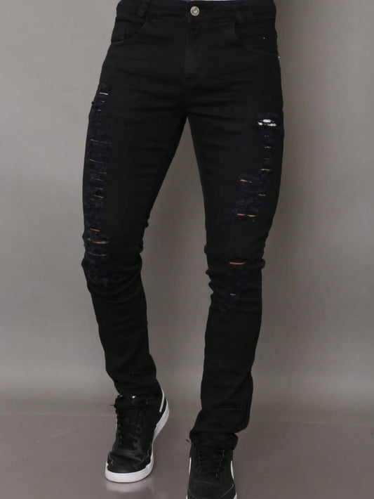 Calça Masculino Preto Rasgado de Sarja Estilosa