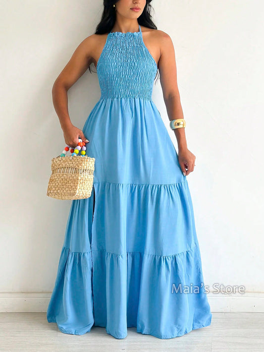 Vestido longo frente única Elastek fenda elegante