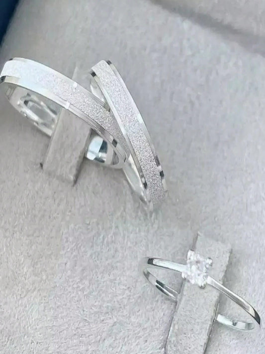 Par de aliança namoro 4mm diamantada Prata e Anel Solitário