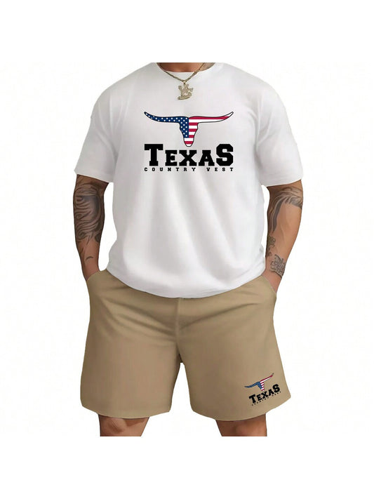 Conjunto 2 Pecas Camiseta T-Shirt Masculina + Bermuda Short Moletom Estampado Texas Txc Touro Velho texas Kit Casual Verão