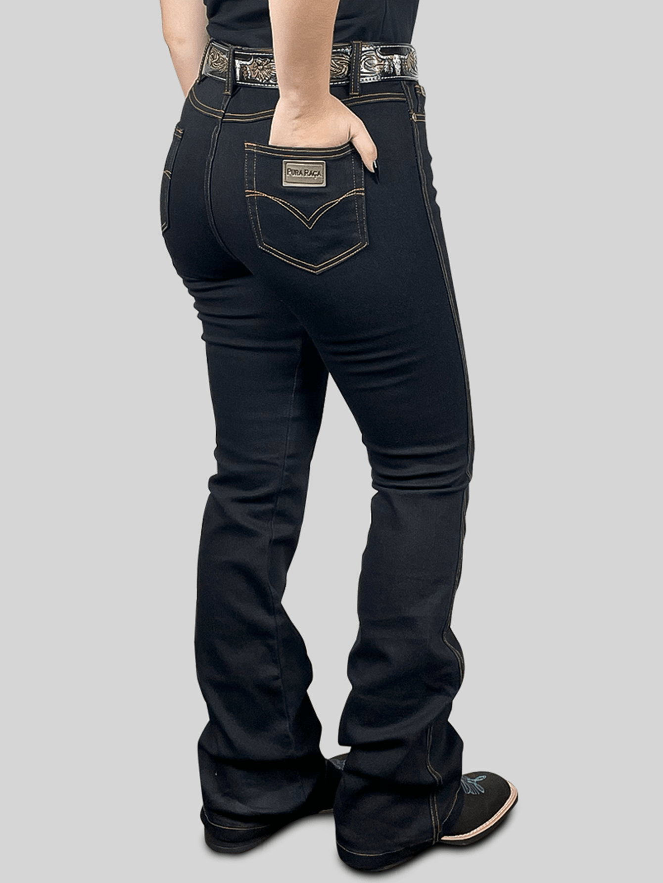 Calça Jeans Feminina Country Flare Elastano Cintura Alta Bootcut Levanta Bumbum Barra Larga Top