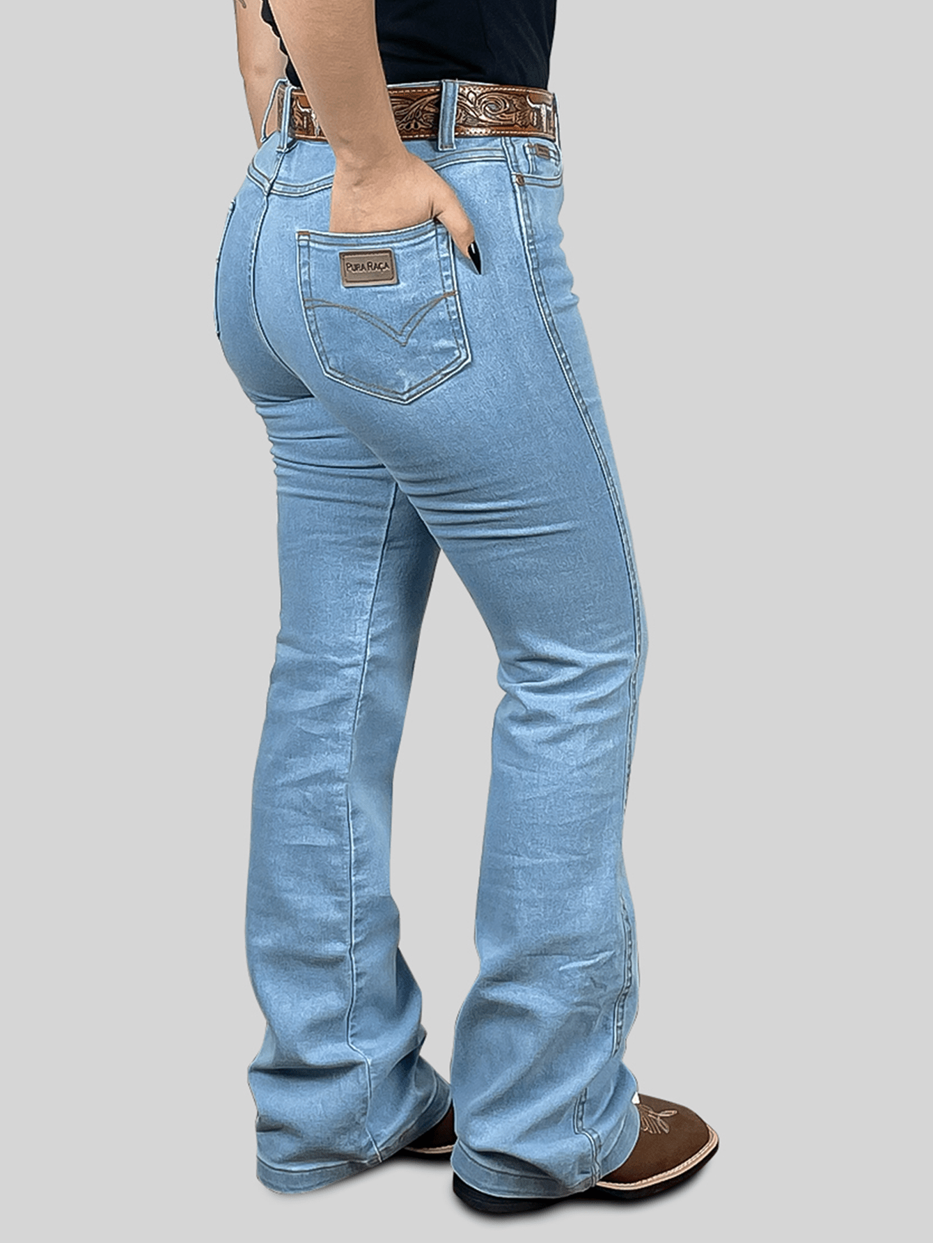 Calça Jeans Feminina Country Flare Elastano Cintura Alta Bootcut Levanta Bumbum Barra Larga Top