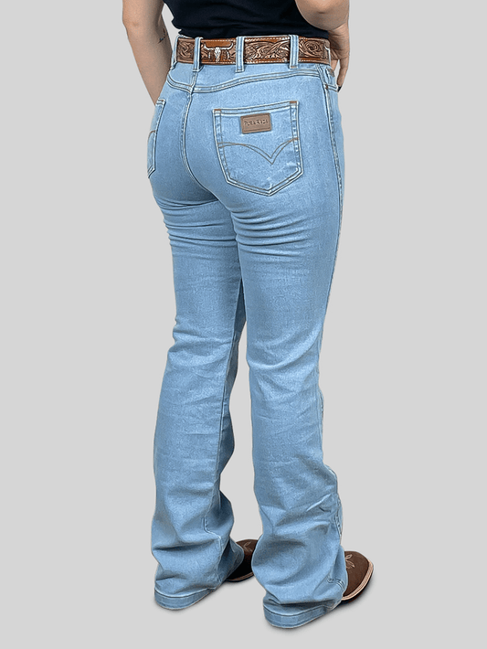 Calça Jeans Feminina Country Flare Elastano Cintura Alta Bootcut Levanta Bumbum Barra Larga Top