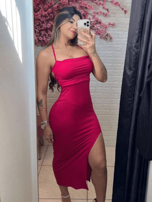 Vestido Midi Canelado Com Fenda E Abertura Nas Costas 2025