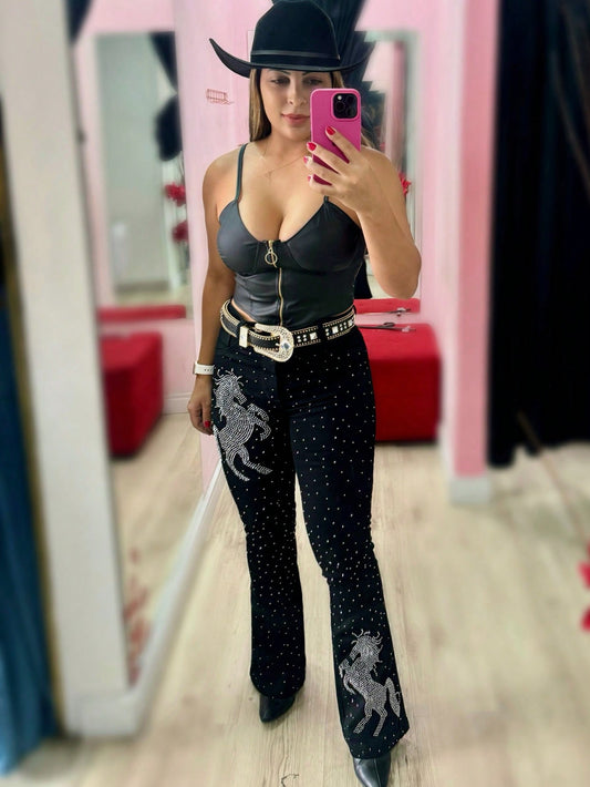 Calça Flare Jeans Luxo Feminina Country Rodeio Cavalaria Cintura Alta com Brilhos Linha Premium
