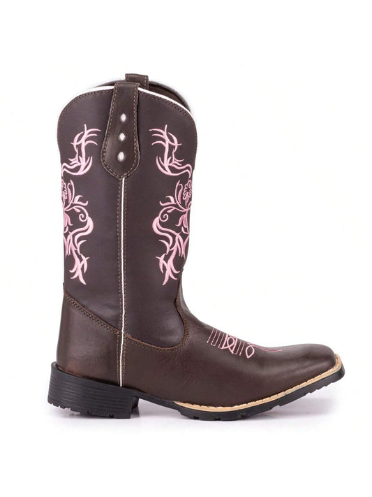 Bota Texana Country  Feminina Bico Quadrado Solado Costurado Bordado Rosa
