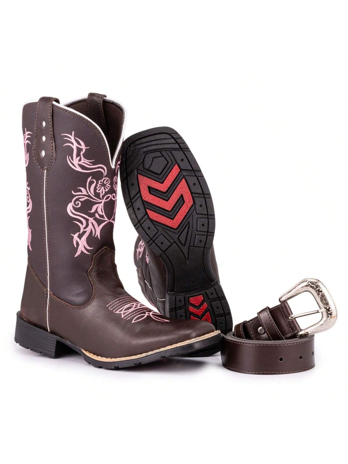 Bota Texana Country  Feminina Bico Quadrado Solado Costurado Bordado Rosa