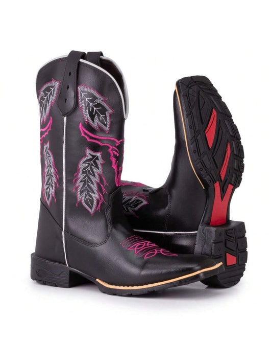 Bota Texana Feminina Country Bico Quadrado Bordado Cara De Boi Black e Pink