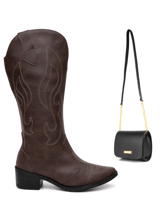 Kit Bota Feminina Western Texana Bordado Cano Alto + Bolsa Transversal Chic