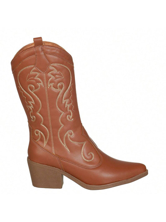 Bota Texana Feminina Cano Alto Salto Médio Western Bordada
