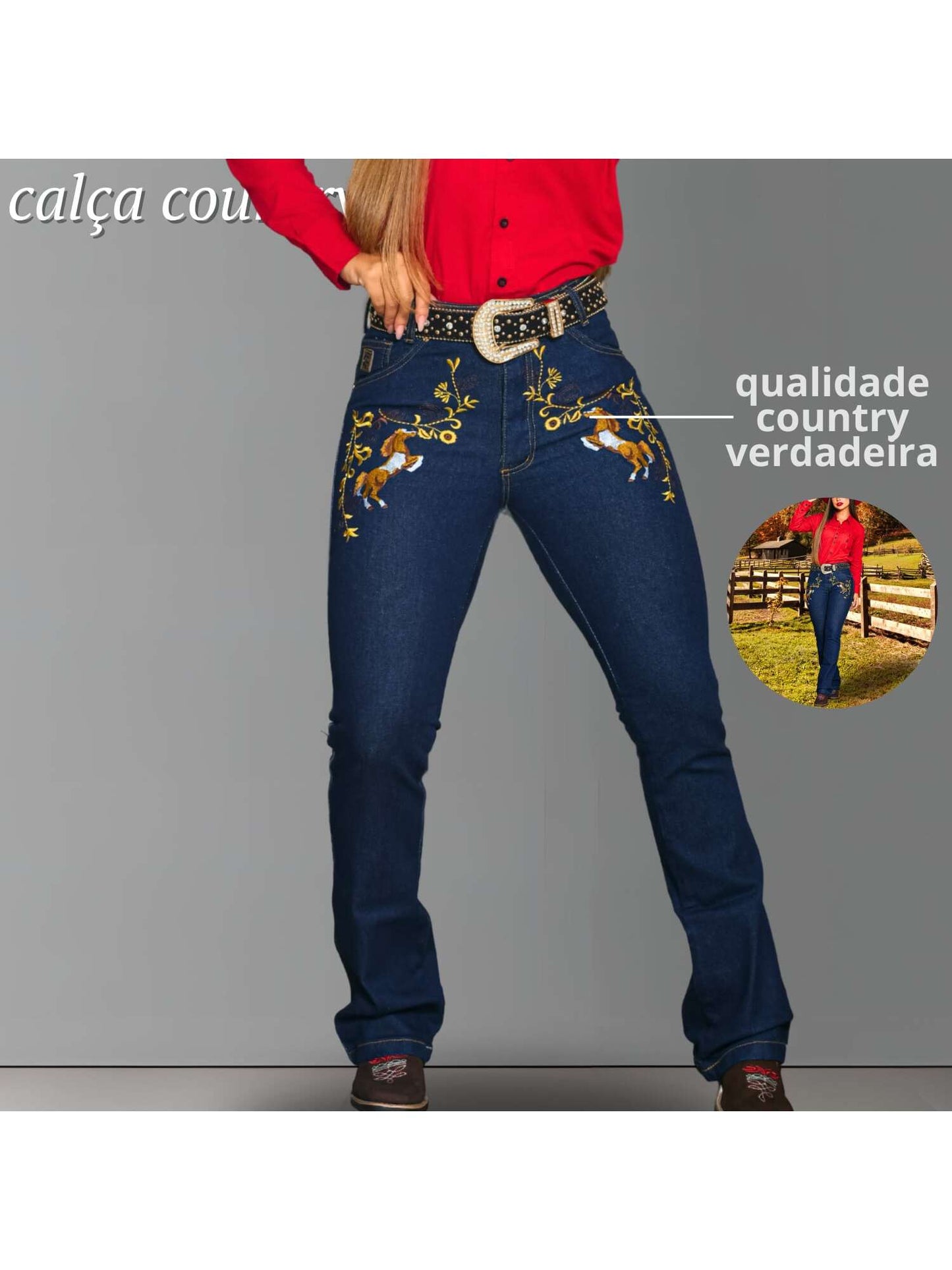 Calça Country Feminina Cavalo Cavalgada Bordada Colorida Couro