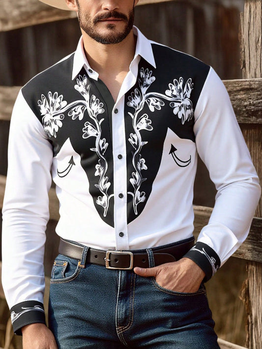Manfinity RSRT Camisa casual de estilo country masculina de manga longa com botão único e estampa de planta rodeo